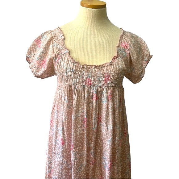 Free People Dainty Watercolor Floral-Print Smocked Mini Dress, Taupe, Small - Picture 4 of 13